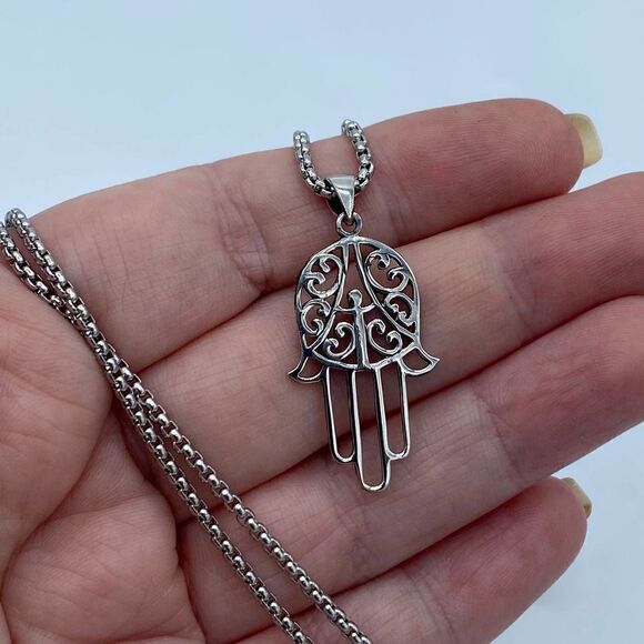 Hamsa Sterling Silver Pendant On Stainless Steel Rounded Box Chain - Picture 4 of 4